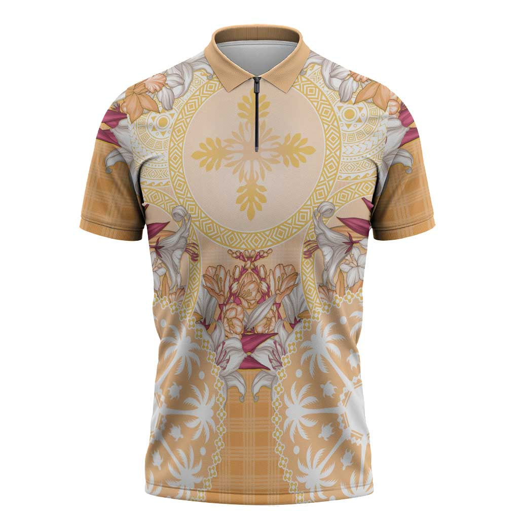 Hawaii Peach Palaka Zipper Polo Shirt With Tapa Pattern Tropical Flowers - Polynesian Pride