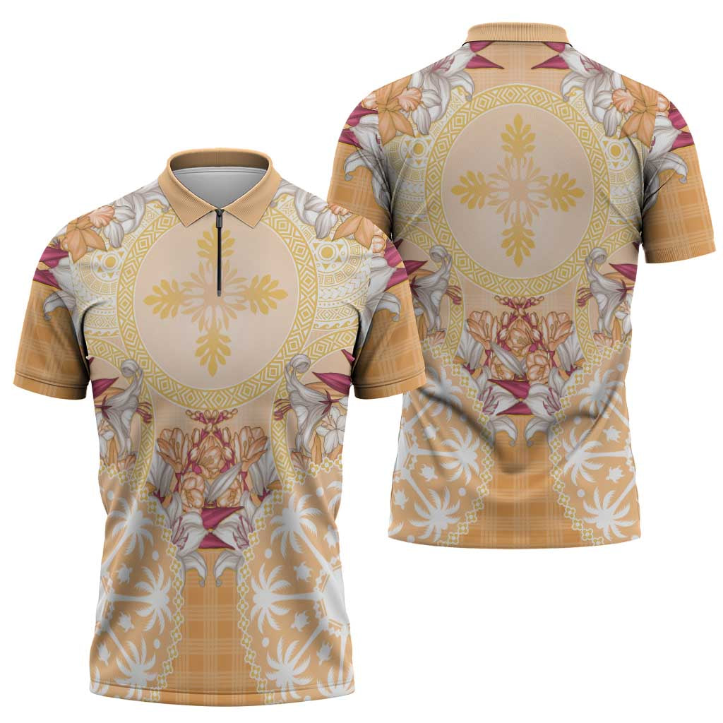 Hawaii Peach Palaka Zipper Polo Shirt With Tapa Pattern Tropical Flowers - Polynesian Pride