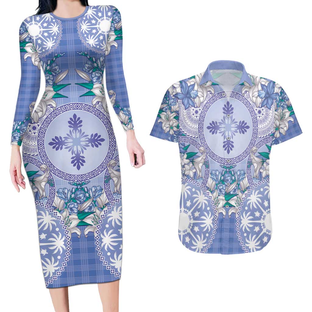 Hawaii Violet Palaka Couples Matching Long Sleeve Bodycon Dress and Hawaiian Shirt With Tapa Pattern Tropical Flowers LT05 Violet - Polynesian Pride
