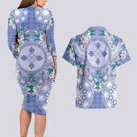 Hawaii Violet Palaka Couples Matching Long Sleeve Bodycon Dress and Hawaiian Shirt With Tapa Pattern Tropical Flowers LT05 - Polynesian Pride