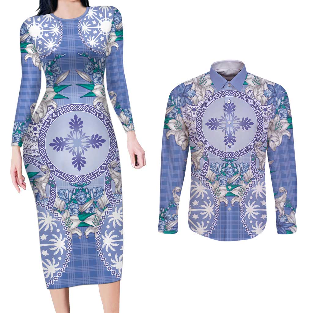 Hawaii Violet Palaka Couples Matching Long Sleeve Bodycon Dress and Long Sleeve Button Shirt With Tapa Pattern Tropical Flowers LT05 Violet - Polynesian Pride
