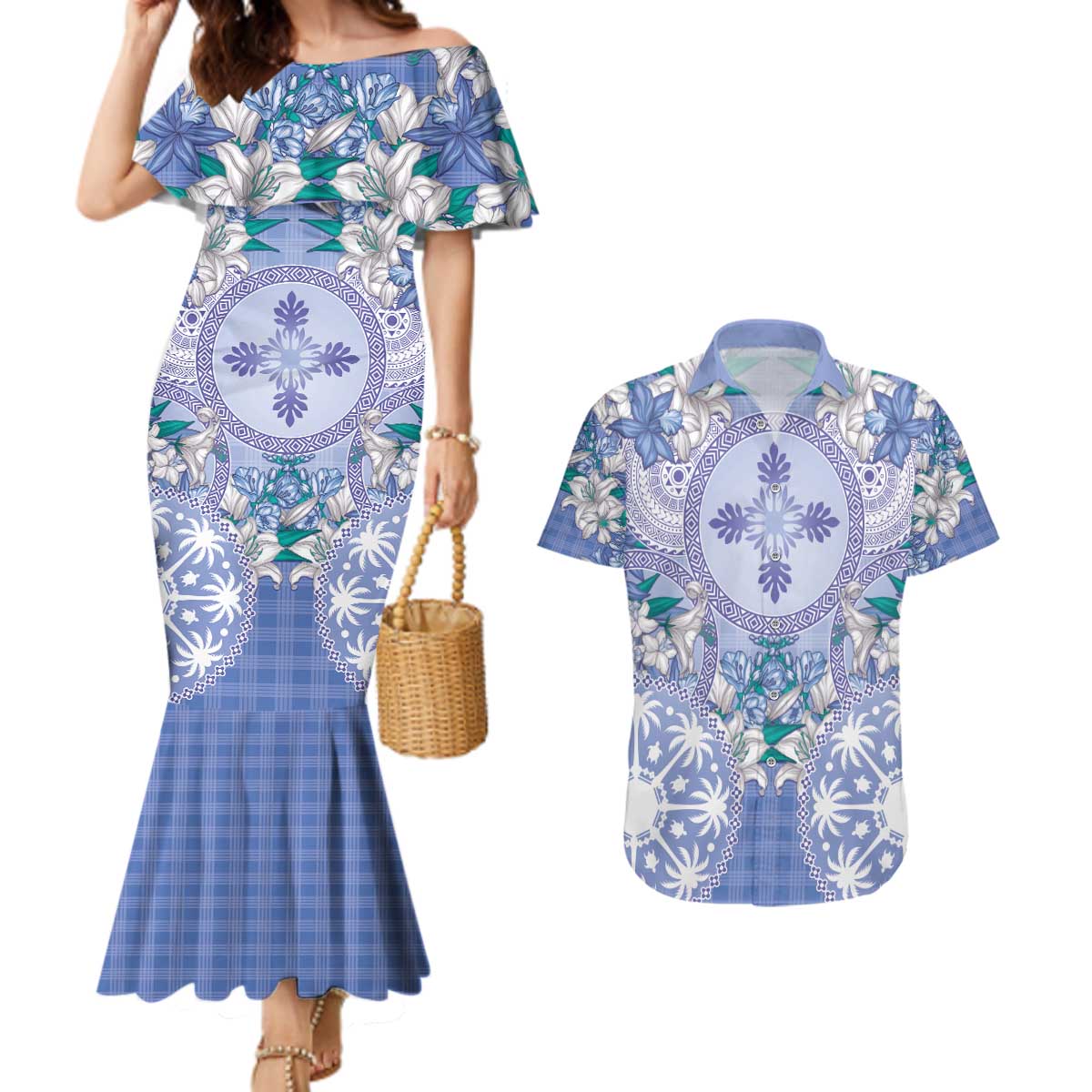 Hawaii Violet Palaka Couples Matching Mermaid Dress and Hawaiian Shirt With Tapa Pattern Tropical Flowers LT05 Violet - Polynesian Pride