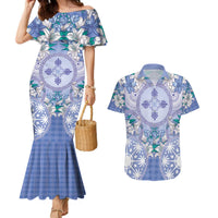 Hawaii Violet Palaka Couples Matching Mermaid Dress and Hawaiian Shirt With Tapa Pattern Tropical Flowers LT05 Violet - Polynesian Pride