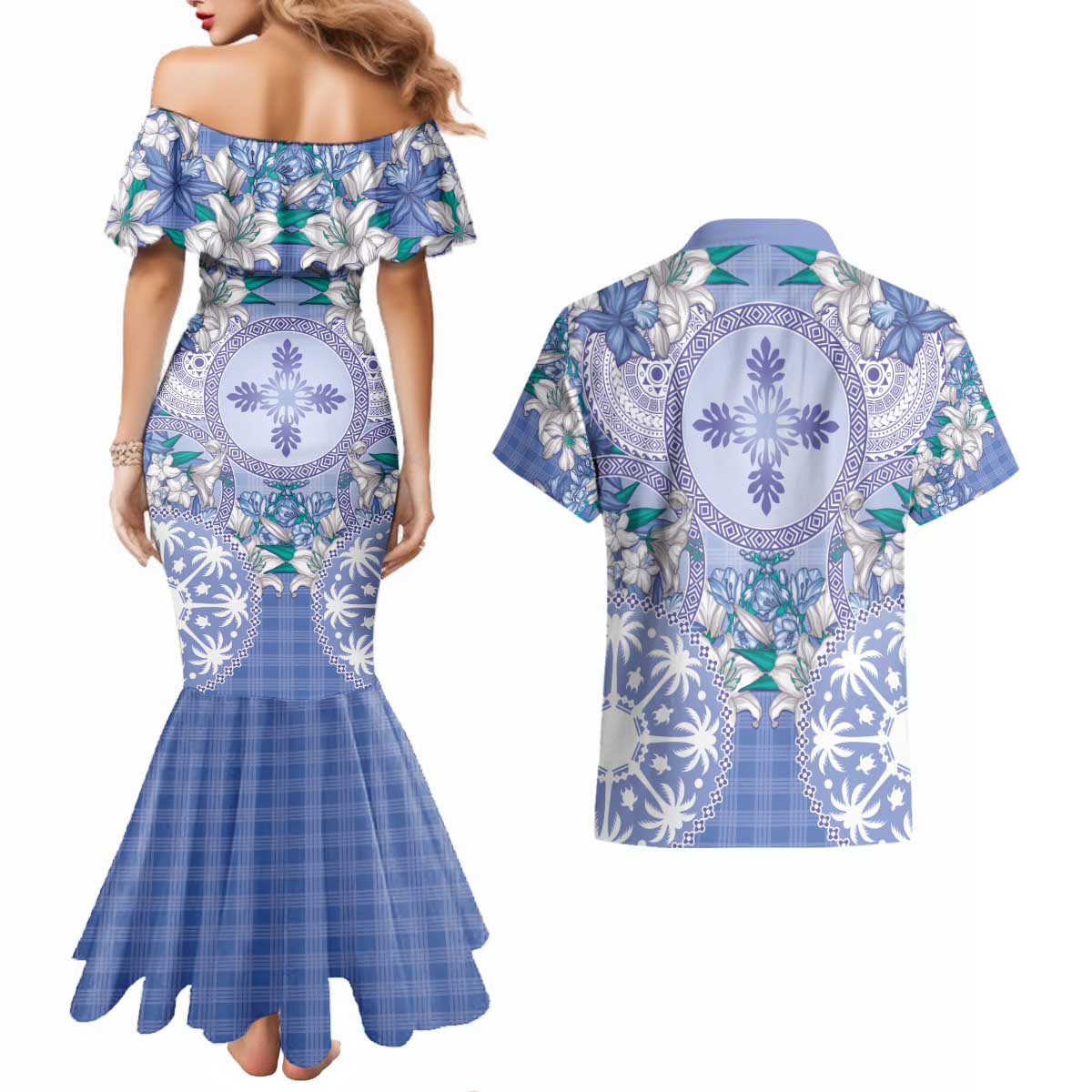 Hawaii Violet Palaka Couples Matching Mermaid Dress and Hawaiian Shirt With Tapa Pattern Tropical Flowers LT05 - Polynesian Pride