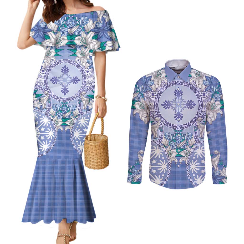 Hawaii Violet Palaka Couples Matching Mermaid Dress and Long Sleeve Button Shirt With Tapa Pattern Tropical Flowers LT05 Violet - Polynesian Pride