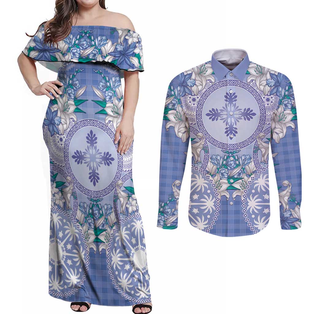 Hawaii Violet Palaka Couples Matching Off Shoulder Maxi Dress and Long Sleeve Button Shirt With Tapa Pattern Tropical Flowers LT05 Violet - Polynesian Pride