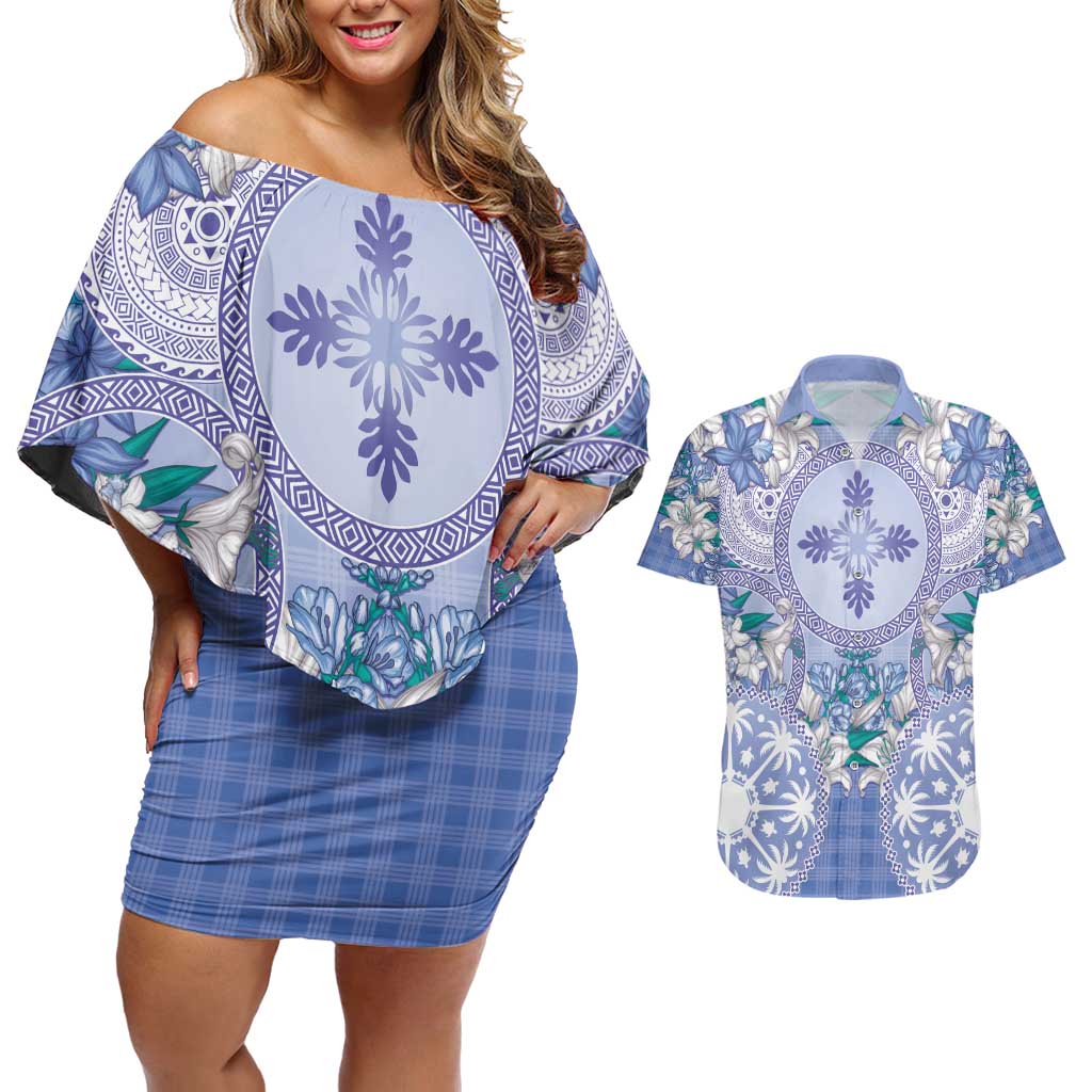 Hawaii Violet Palaka Couples Matching Off Shoulder Short Dress and Hawaiian Shirt With Tapa Pattern Tropical Flowers LT05 Violet - Polynesian Pride