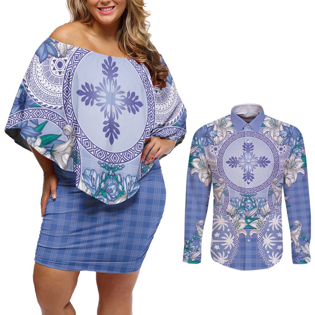 Hawaii Violet Palaka Couples Matching Off Shoulder Short Dress and Long Sleeve Button Shirt With Tapa Pattern Tropical Flowers LT05 Violet - Polynesian Pride