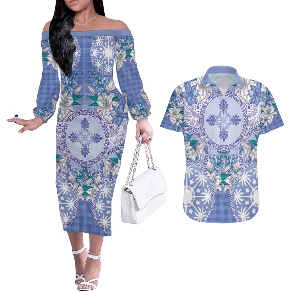 Hawaii Violet Palaka Couples Matching Off The Shoulder Long Sleeve Dress and Hawaiian Shirt With Tapa Pattern Tropical Flowers LT05 Violet - Polynesian Pride