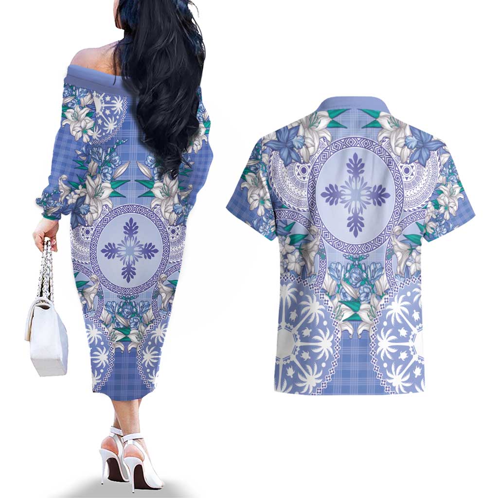 Hawaii Violet Palaka Couples Matching Off The Shoulder Long Sleeve Dress and Hawaiian Shirt With Tapa Pattern Tropical Flowers LT05 - Polynesian Pride
