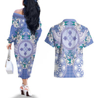 Hawaii Violet Palaka Couples Matching Off The Shoulder Long Sleeve Dress and Hawaiian Shirt With Tapa Pattern Tropical Flowers LT05 - Polynesian Pride