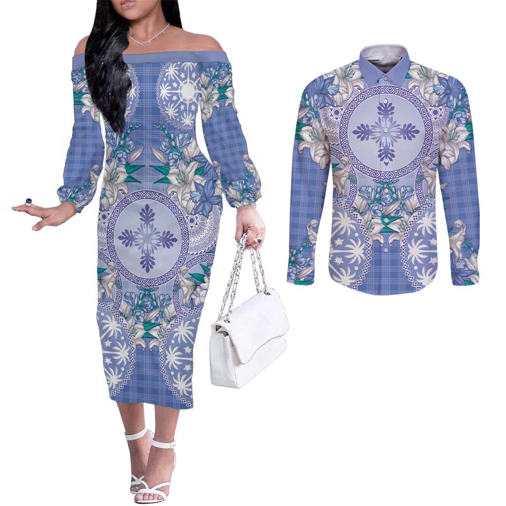 Hawaii Violet Palaka Couples Matching Off The Shoulder Long Sleeve Dress and Long Sleeve Button Shirt With Tapa Pattern Tropical Flowers LT05 Violet - Polynesian Pride