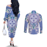 Hawaii Violet Palaka Couples Matching Off The Shoulder Long Sleeve Dress and Long Sleeve Button Shirt With Tapa Pattern Tropical Flowers LT05 - Polynesian Pride