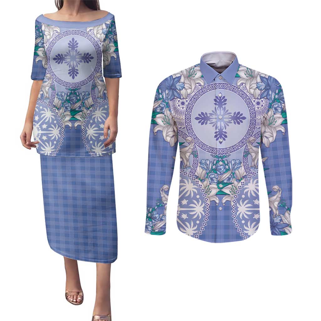 Hawaii Violet Palaka Couples Matching Puletasi and Long Sleeve Button Shirt With Tapa Pattern Tropical Flowers LT05 Violet - Polynesian Pride
