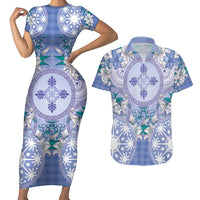 Hawaii Violet Palaka Couples Matching Short Sleeve Bodycon Dress and Hawaiian Shirt With Tapa Pattern Tropical Flowers LT05 Violet - Polynesian Pride