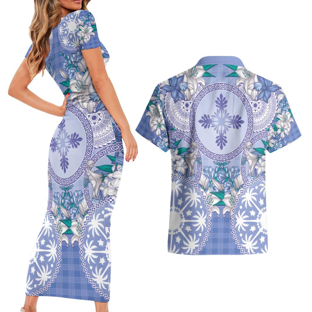 Hawaii Violet Palaka Couples Matching Short Sleeve Bodycon Dress and Hawaiian Shirt With Tapa Pattern Tropical Flowers LT05 - Polynesian Pride