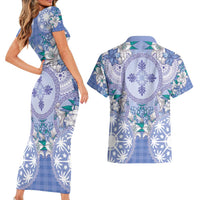 Hawaii Violet Palaka Couples Matching Short Sleeve Bodycon Dress and Hawaiian Shirt With Tapa Pattern Tropical Flowers LT05 - Polynesian Pride