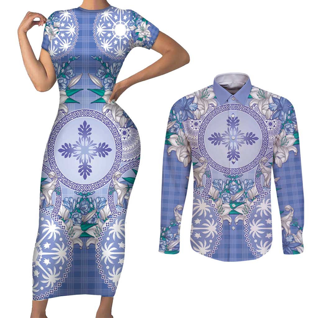 Hawaii Violet Palaka Couples Matching Short Sleeve Bodycon Dress and Long Sleeve Button Shirt With Tapa Pattern Tropical Flowers LT05 Violet - Polynesian Pride