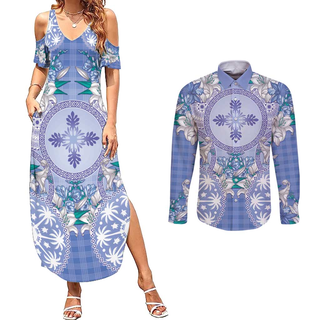 Hawaii Violet Palaka Couples Matching Summer Maxi Dress and Long Sleeve Button Shirt With Tapa Pattern Tropical Flowers LT05 Violet - Polynesian Pride
