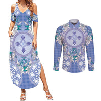 Hawaii Violet Palaka Couples Matching Summer Maxi Dress and Long Sleeve Button Shirt With Tapa Pattern Tropical Flowers - Polynesian Pride