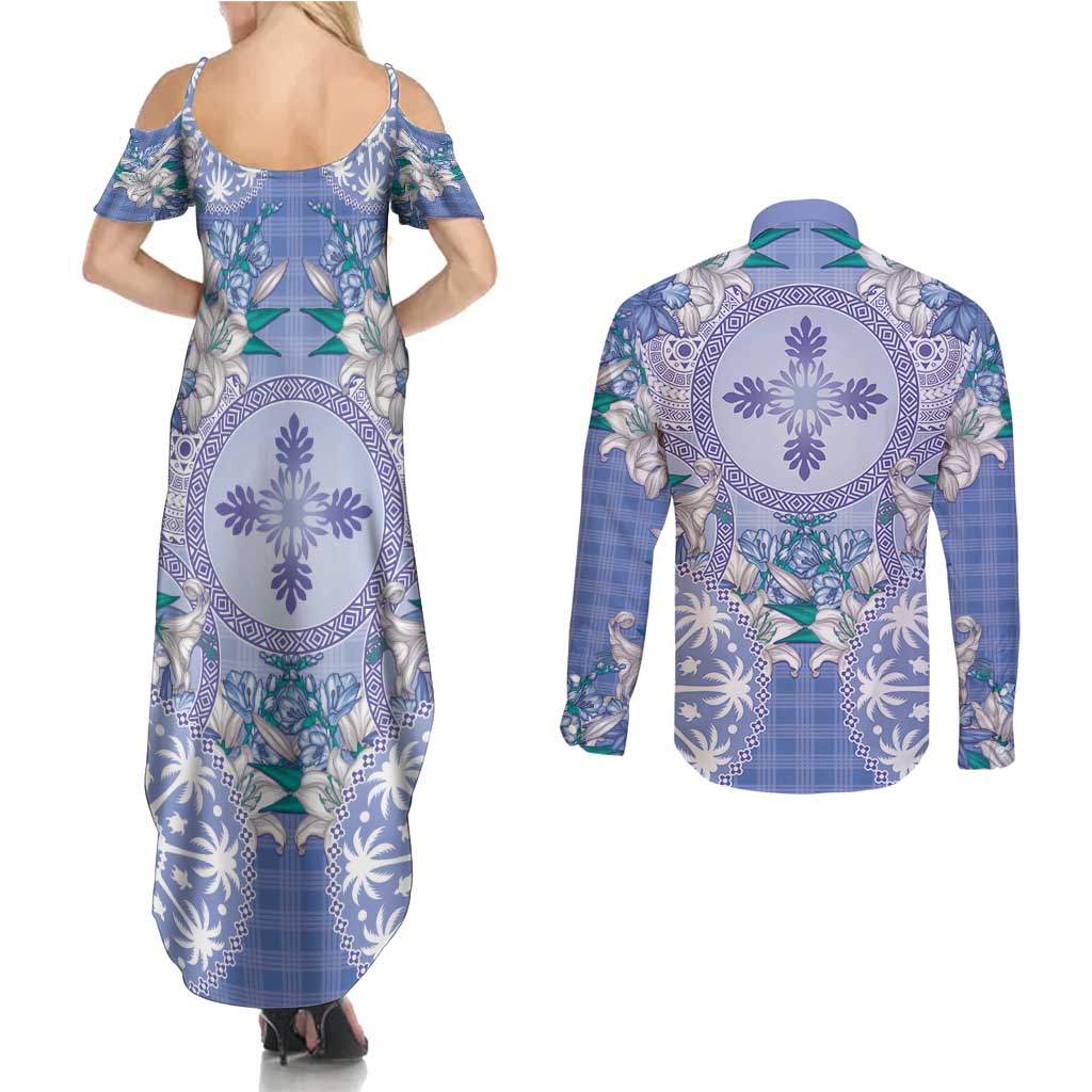 Hawaii Violet Palaka Couples Matching Summer Maxi Dress and Long Sleeve Button Shirt With Tapa Pattern Tropical Flowers - Polynesian Pride