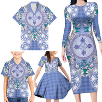 Hawaii Violet Palaka Family Matching Long Sleeve Bodycon Dress and Hawaiian Shirt With Tapa Pattern Tropical Flowers LT05 - Polynesian Pride