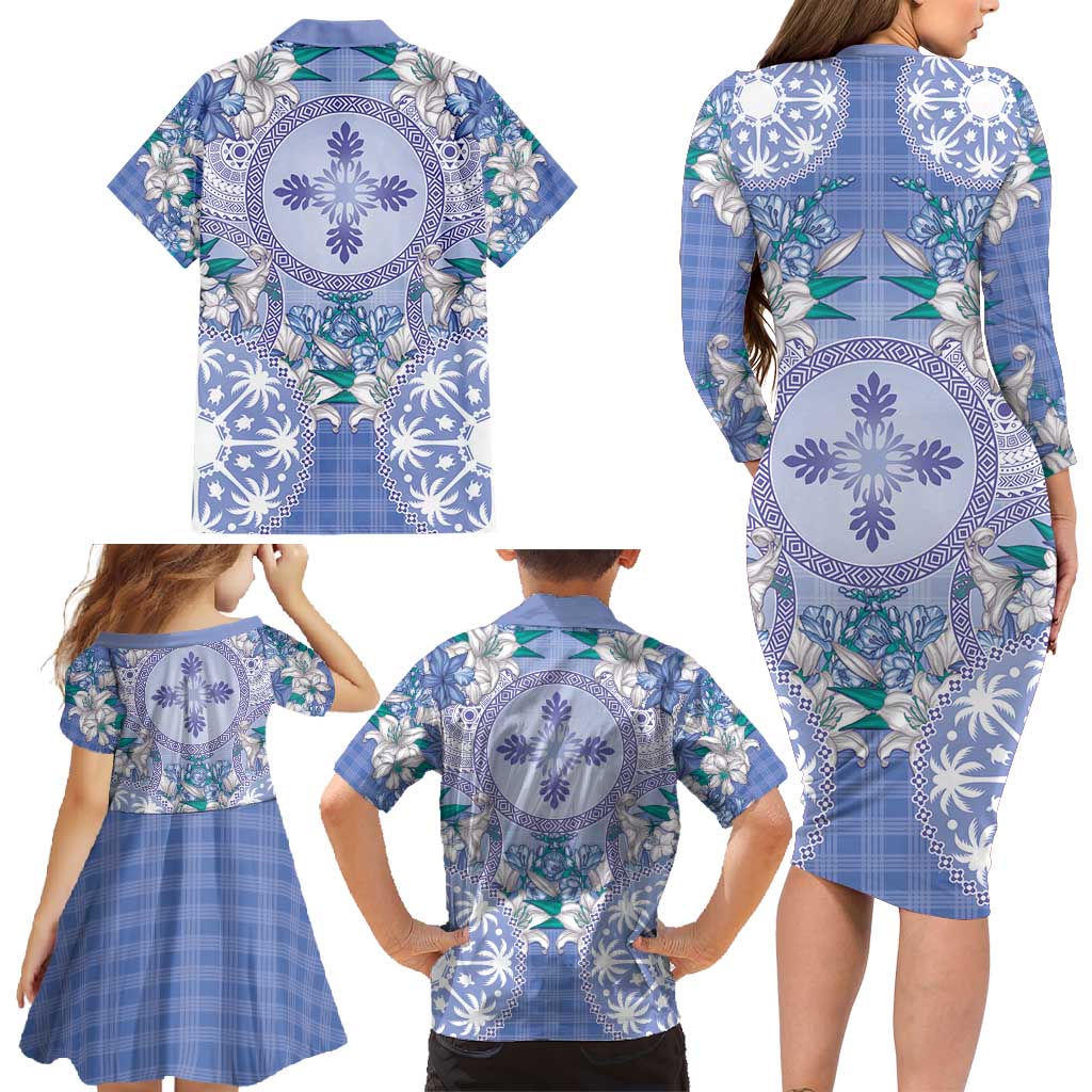 Hawaii Violet Palaka Family Matching Long Sleeve Bodycon Dress and Hawaiian Shirt With Tapa Pattern Tropical Flowers LT05 - Polynesian Pride