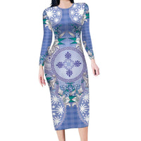 Hawaii Violet Palaka Family Matching Long Sleeve Bodycon Dress and Hawaiian Shirt With Tapa Pattern Tropical Flowers LT05 Mom's Dress Violet - Polynesian Pride
