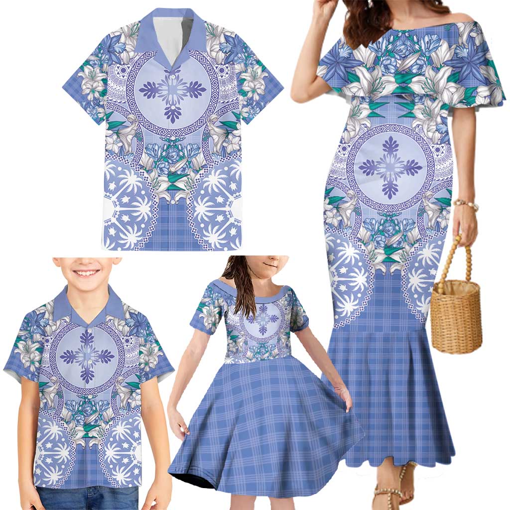 Hawaii Violet Palaka Family Matching Mermaid Dress and Hawaiian Shirt With Tapa Pattern Tropical Flowers LT05 - Polynesian Pride