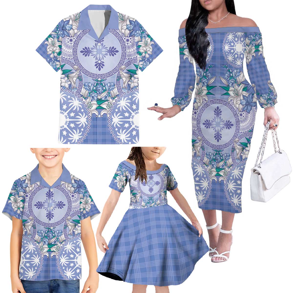 Hawaii Violet Palaka Family Matching Off The Shoulder Long Sleeve Dress and Hawaiian Shirt With Tapa Pattern Tropical Flowers LT05 - Polynesian Pride