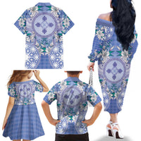 Hawaii Violet Palaka Family Matching Off The Shoulder Long Sleeve Dress and Hawaiian Shirt With Tapa Pattern Tropical Flowers LT05 - Polynesian Pride