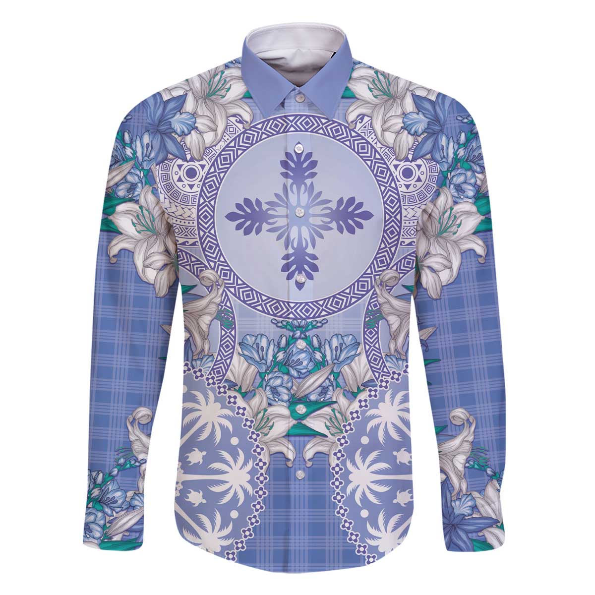 Hawaii Violet Palaka Family Matching Off The Shoulder Long Sleeve Dress and Hawaiian Shirt With Tapa Pattern Tropical Flowers LT05 Dad's Shirt - Long Sleeve Violet - Polynesian Pride