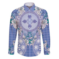 Hawaii Violet Palaka Family Matching Off The Shoulder Long Sleeve Dress and Hawaiian Shirt With Tapa Pattern Tropical Flowers LT05 Dad's Shirt - Long Sleeve Violet - Polynesian Pride