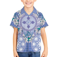 Hawaii Violet Palaka Family Matching Off The Shoulder Long Sleeve Dress and Hawaiian Shirt With Tapa Pattern Tropical Flowers LT05 Son's Shirt Violet - Polynesian Pride