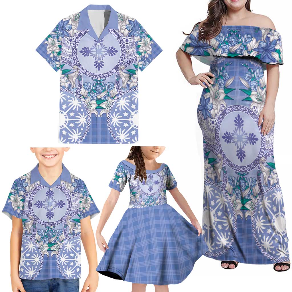 Hawaii Violet Palaka Family Matching Off Shoulder Maxi Dress and Hawaiian Shirt With Tapa Pattern Tropical Flowers LT05 - Polynesian Pride