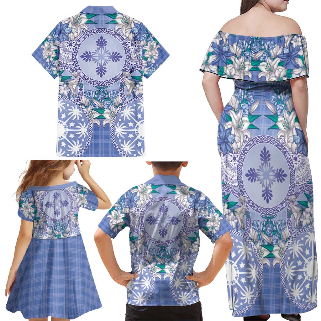 Hawaii Violet Palaka Family Matching Off Shoulder Maxi Dress and Hawaiian Shirt With Tapa Pattern Tropical Flowers LT05 - Polynesian Pride