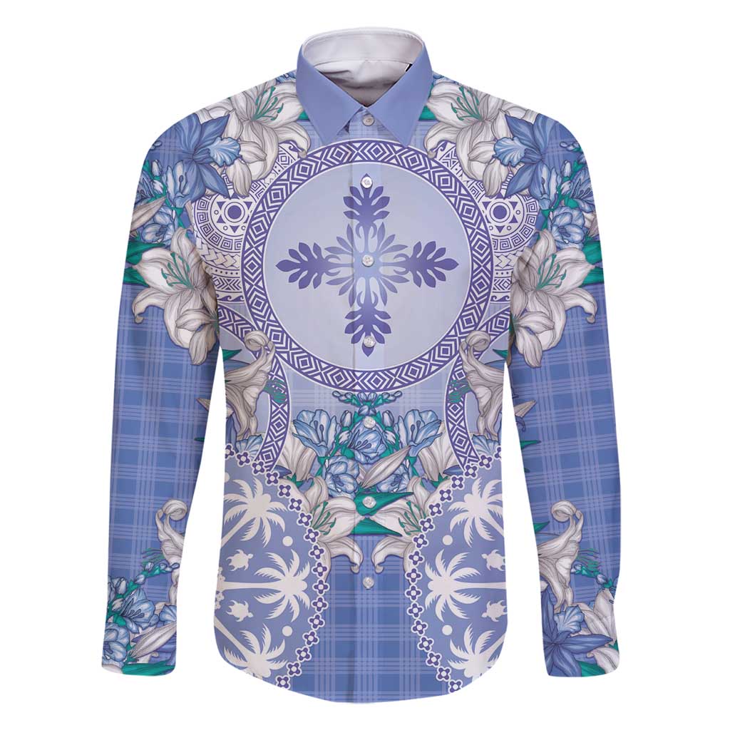 Hawaii Violet Palaka Family Matching Off Shoulder Maxi Dress and Hawaiian Shirt With Tapa Pattern Tropical Flowers LT05 Dad's Shirt - Long Sleeve Violet - Polynesian Pride