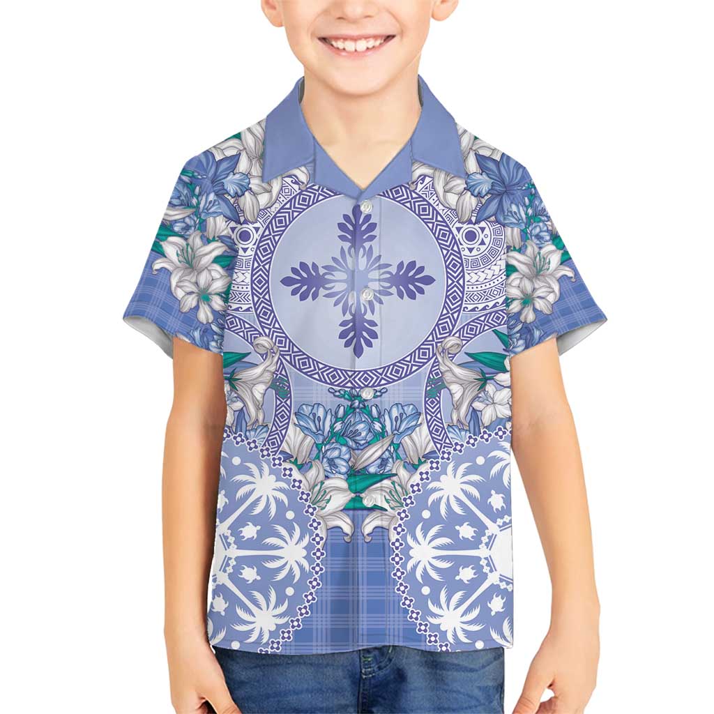 Hawaii Violet Palaka Family Matching Off Shoulder Maxi Dress and Hawaiian Shirt With Tapa Pattern Tropical Flowers LT05 Son's Shirt Violet - Polynesian Pride