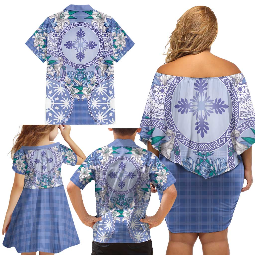 Hawaii Violet Palaka Family Matching Off Shoulder Short Dress and Hawaiian Shirt With Tapa Pattern Tropical Flowers LT05 - Polynesian Pride