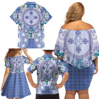 Hawaii Violet Palaka Family Matching Off Shoulder Short Dress and Hawaiian Shirt With Tapa Pattern Tropical Flowers LT05 - Polynesian Pride