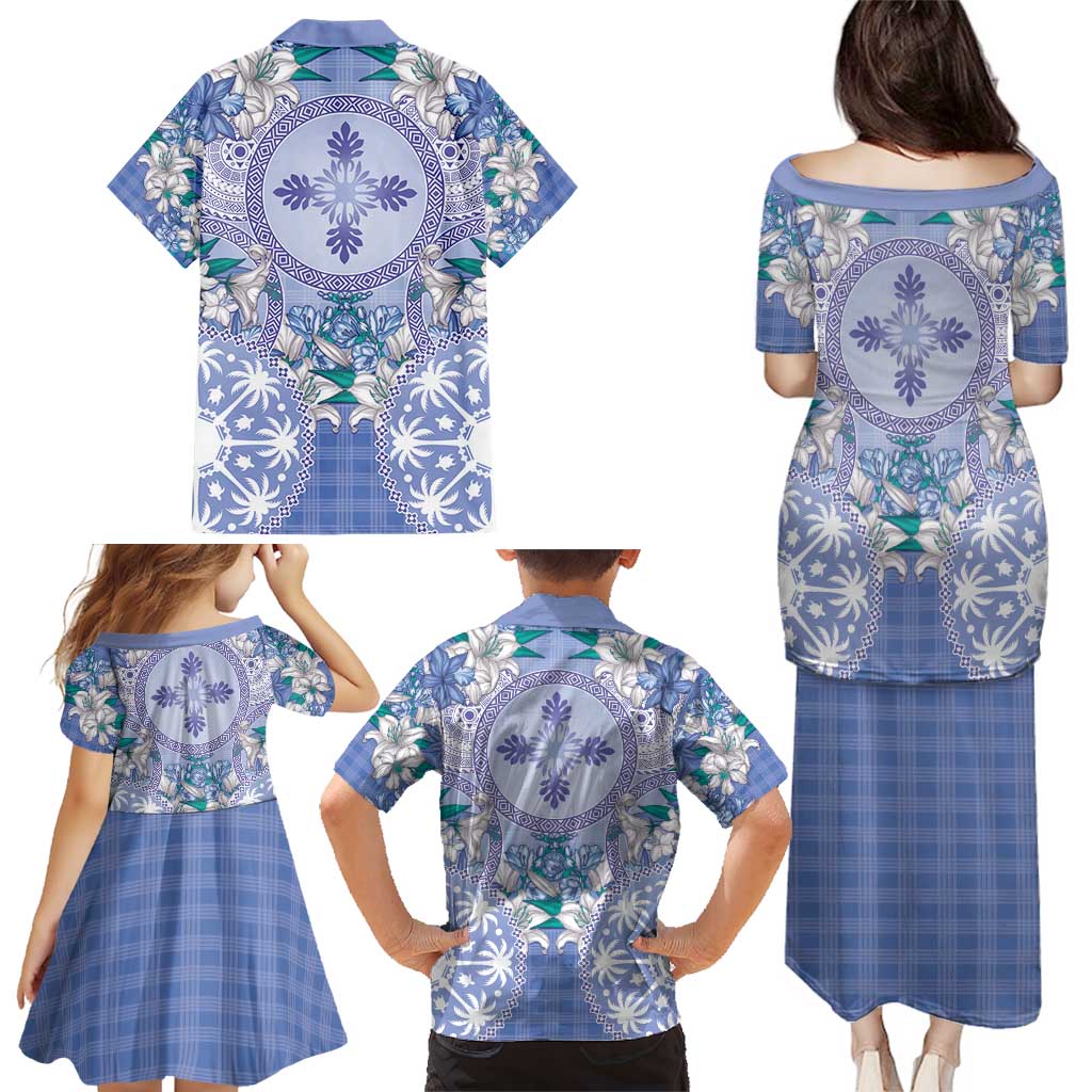 Hawaii Violet Palaka Family Matching Puletasi and Hawaiian Shirt With Tapa Pattern Tropical Flowers LT05 - Polynesian Pride