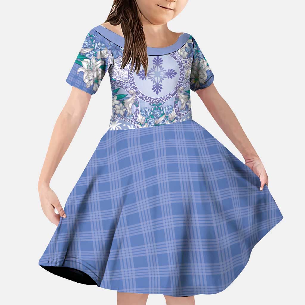 Hawaii Violet Palaka Family Matching Short Sleeve Bodycon Dress and Hawaiian Shirt With Tapa Pattern Tropical Flowers LT05 Daughter's Dress Violet - Polynesian Pride
