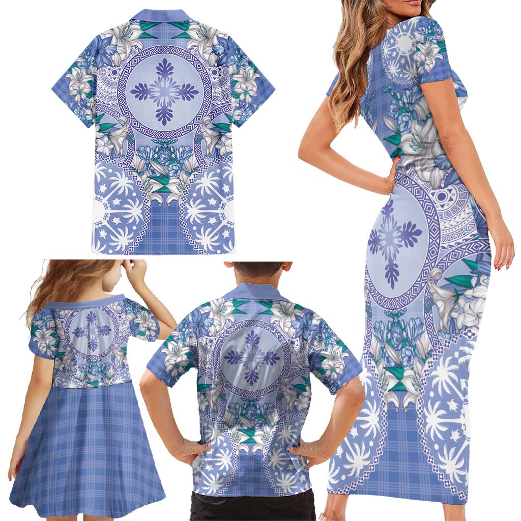 Hawaii Violet Palaka Family Matching Short Sleeve Bodycon Dress and Hawaiian Shirt With Tapa Pattern Tropical Flowers LT05 - Polynesian Pride