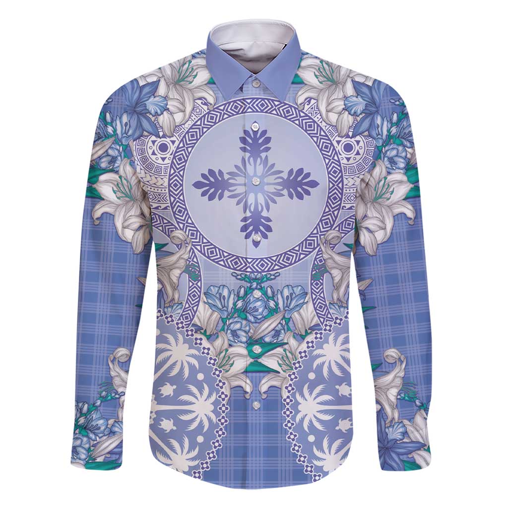 Hawaii Violet Palaka Family Matching Short Sleeve Bodycon Dress and Hawaiian Shirt With Tapa Pattern Tropical Flowers LT05 Dad's Shirt - Long Sleeve Violet - Polynesian Pride