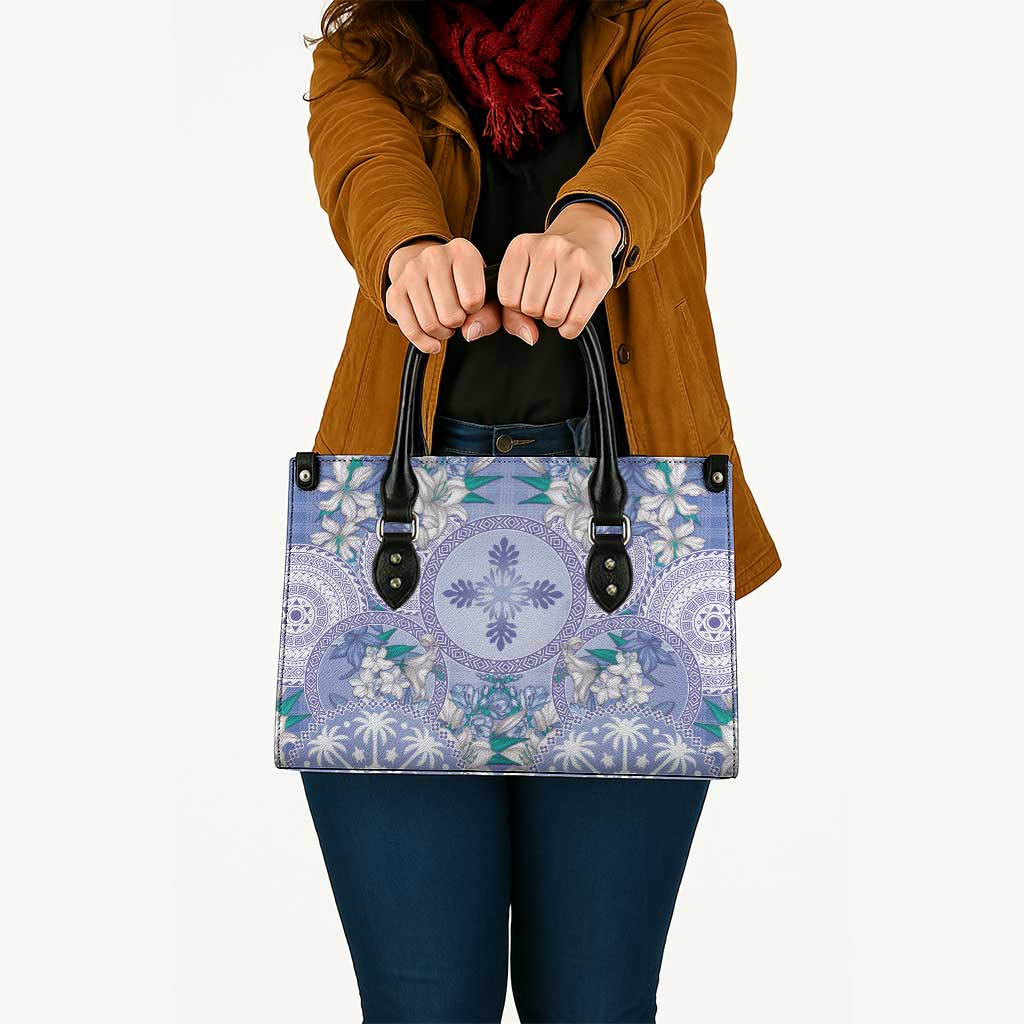 Hawaii Violet Palaka Leather Bag With Tapa Pattern Tropical Flowers - Polynesian Pride