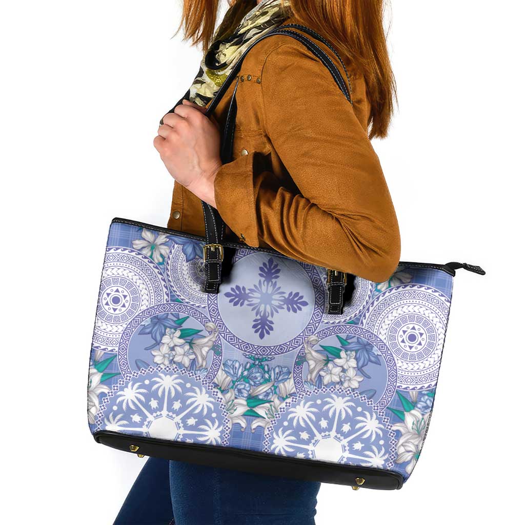 Hawaii Violet Palaka Leather Tote Bag With Tapa Pattern Tropical Flowers LT05 Violet - Polynesian Pride