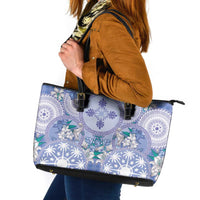 Hawaii Violet Palaka Leather Tote Bag With Tapa Pattern Tropical Flowers LT05 Violet - Polynesian Pride
