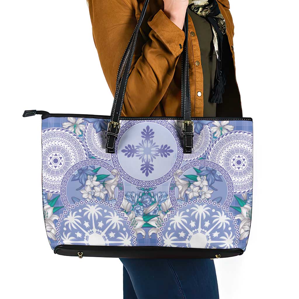 Hawaii Violet Palaka Leather Tote Bag With Tapa Pattern Tropical Flowers LT05 - Polynesian Pride