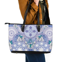 Hawaii Violet Palaka Leather Tote Bag With Tapa Pattern Tropical Flowers LT05 - Polynesian Pride