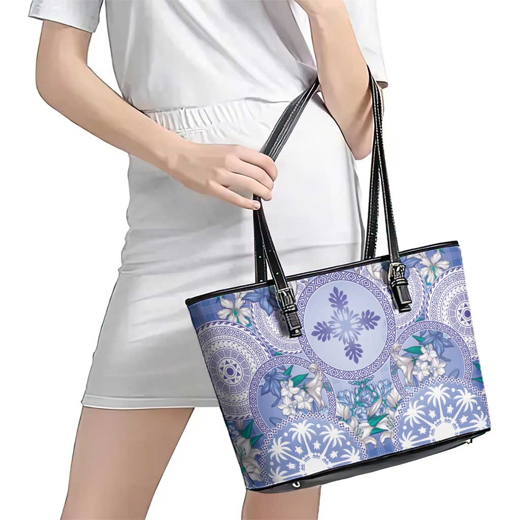 Hawaii Violet Palaka Leather Tote Bag With Tapa Pattern Tropical Flowers LT05 - Polynesian Pride